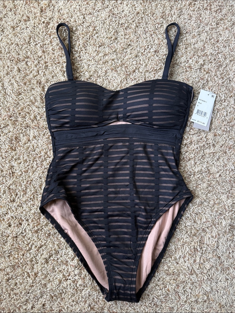 Kenneth Cole Black Sheer Striped One-Piece Swimsuit with Nude Lining